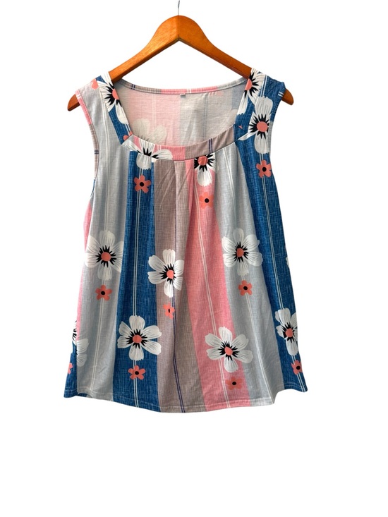 Source Unknown Tops - Floral Striped Sleeveless Blouse XL Pink Blue Lightweight Summer Top